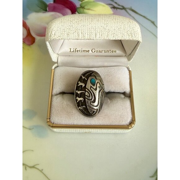 Vintage 60s Navajo Ring Sterling Turquoise Fetish Animals Birds Bears Size 7.25 - Picture 11 of 11